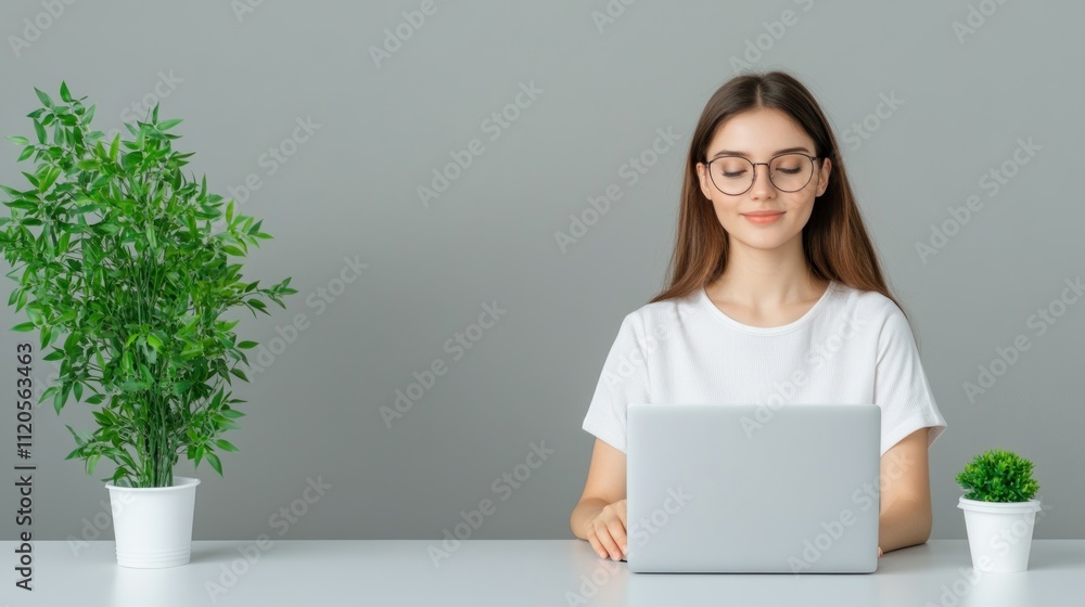 Young woman working on a laptop with plants in a modern setting. Young woman working on a laptop with plants in a modern setting.