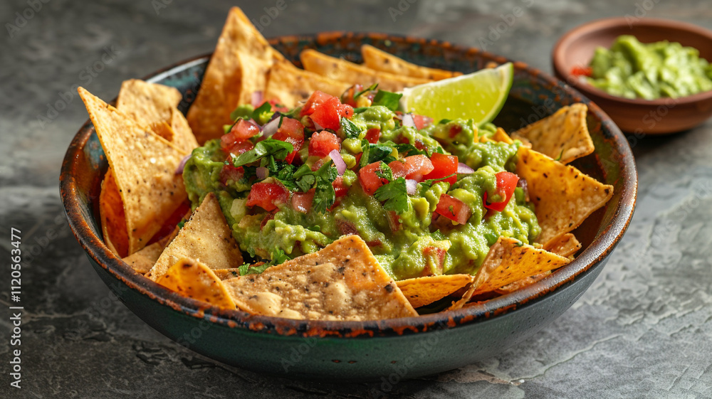 A bowl of fresh homemade guacamole served with crispy tortilla chips A bowl of fresh homemade guacamole served with crispy tortilla chips