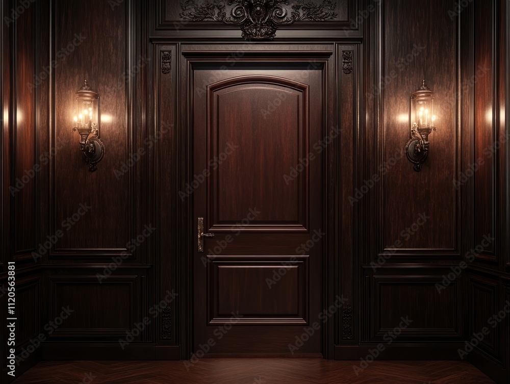 Dark wood paneled room with closed door and wall sconces. Dark wood paneled room with closed door and wall sconces.
