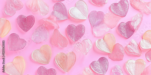 Colorful hearts arranged on a pink background for celebrations and events photo