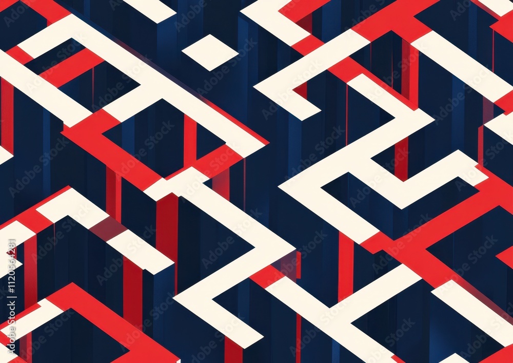 Blue, red, and white lines in an isometric pattern create a maze-like design Generative AI Blue, red, and white lines in an isometric pattern create a maze-like design Generative AI