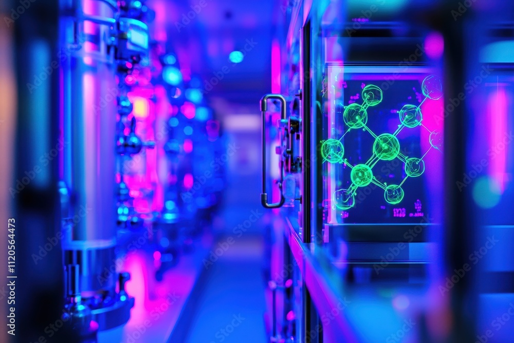 Fototapeta premium Bright neon colors illuminate a high-tech laboratory filled with glass containers displaying molecular structures. The ambiance suggests advanced scientific research and innovation.
