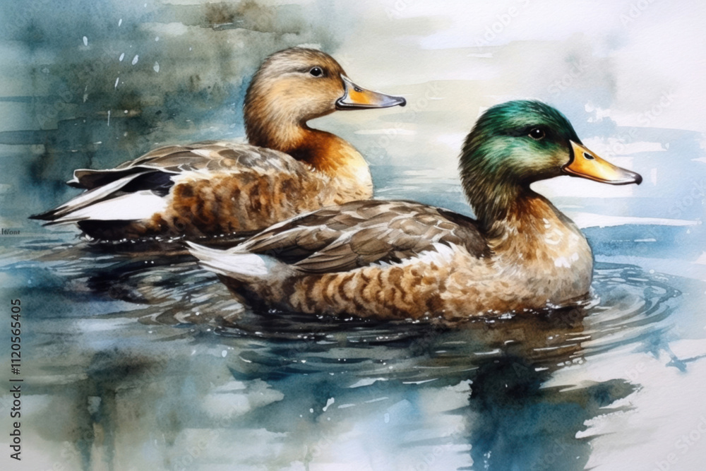 ducks in water watercolor illustration., watercolor style,