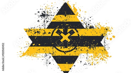 A stylized graphic featuring a yellow and black star with splatter effects, incorporating abstract elements and patterns. photo