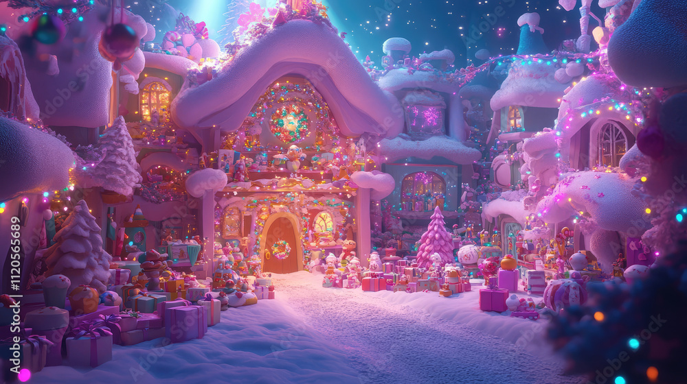A Christmas village with a house with a large Christmas tree in front of it A Christmas village with a house with a large Christmas tree in front of it