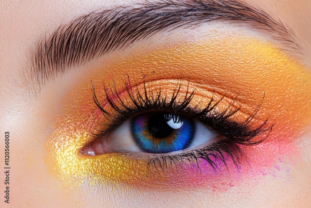 Obraz premium A woman's eye is painted with a bright orange and yellow eye shadow