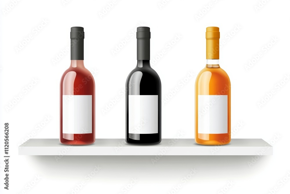 Three bottles of wine are lined up on a shelf
