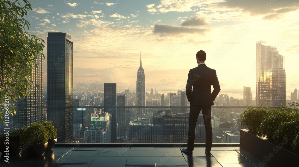 A businessman in a sharp suit, standing on a rooftop terrace, overlooking the city skyline, deep in thought. A businessman in a sharp suit, standing on a rooftop terrace, overlooking the city skyline, deep in thought.