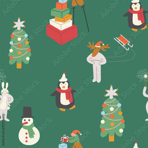 Seamless pattern with Christmas and New Year characters in doodle style in vector. Element for decoration postcards poster print background backdrop wrapping wallpaper banner