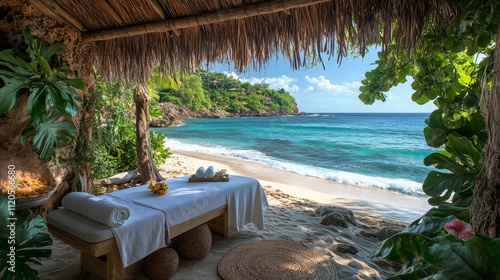 Fototapeta Naklejka Na Ścianę i Meble -  A tranquil massage table is set up under a thatched roof by the beach, surrounded by palm trees and vibrant greenery. The ocean sparkles under the sun, inviting relaxation.