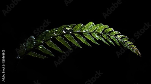 Dew-covered fern frond isolated on black background.