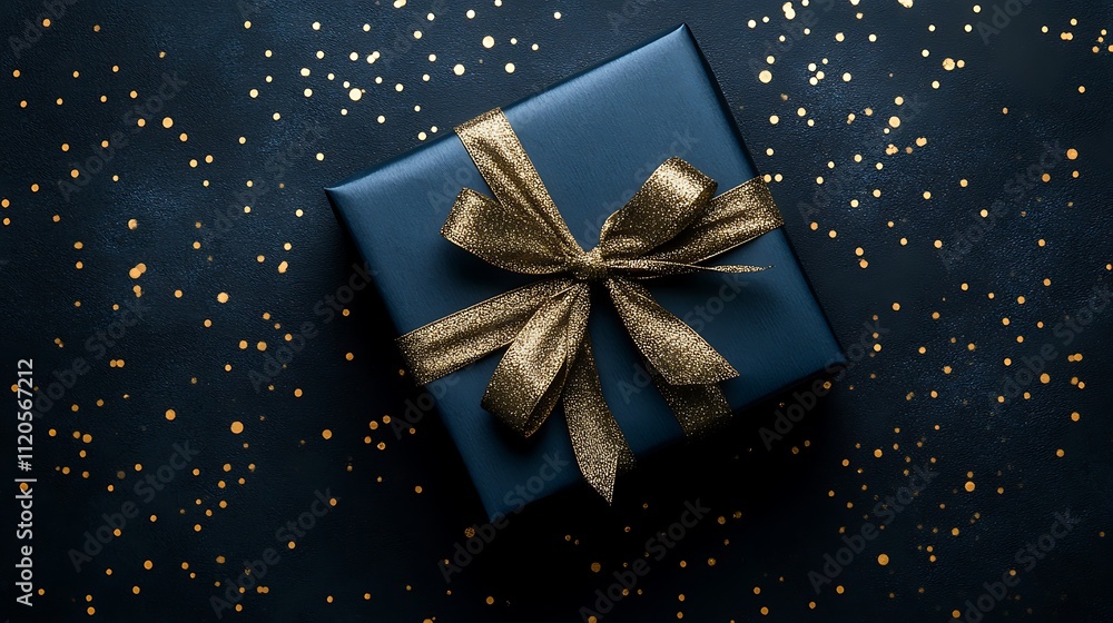 A dark blue gift box with an elegant gold ribbon, set against a dark, sophisticated background. A dark blue gift box with an elegant gold ribbon, set against a dark, sophisticated background.