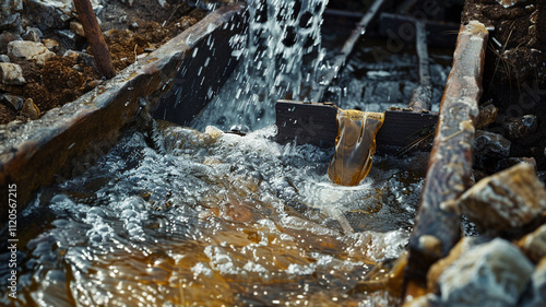 Wallpaper Mural In a gold mine, workers use sluicing to wash away dirt and debris, uncovering gold beneath as water flows through wooden sluices to capture the precious metal. Torontodigital.ca