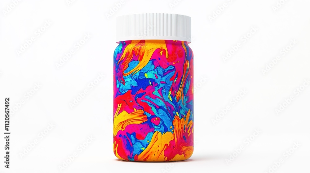Fototapeta premium A vibrant paint jar featuring a swirl of colorful patterns in blue, orange, and pink against a white background.