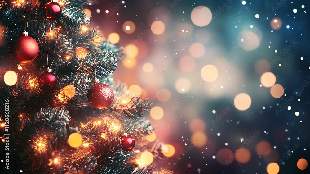 A decorated Christmas tree set against a blurred, magical background. A decorated Christmas tree set against a blurred, magical background.
