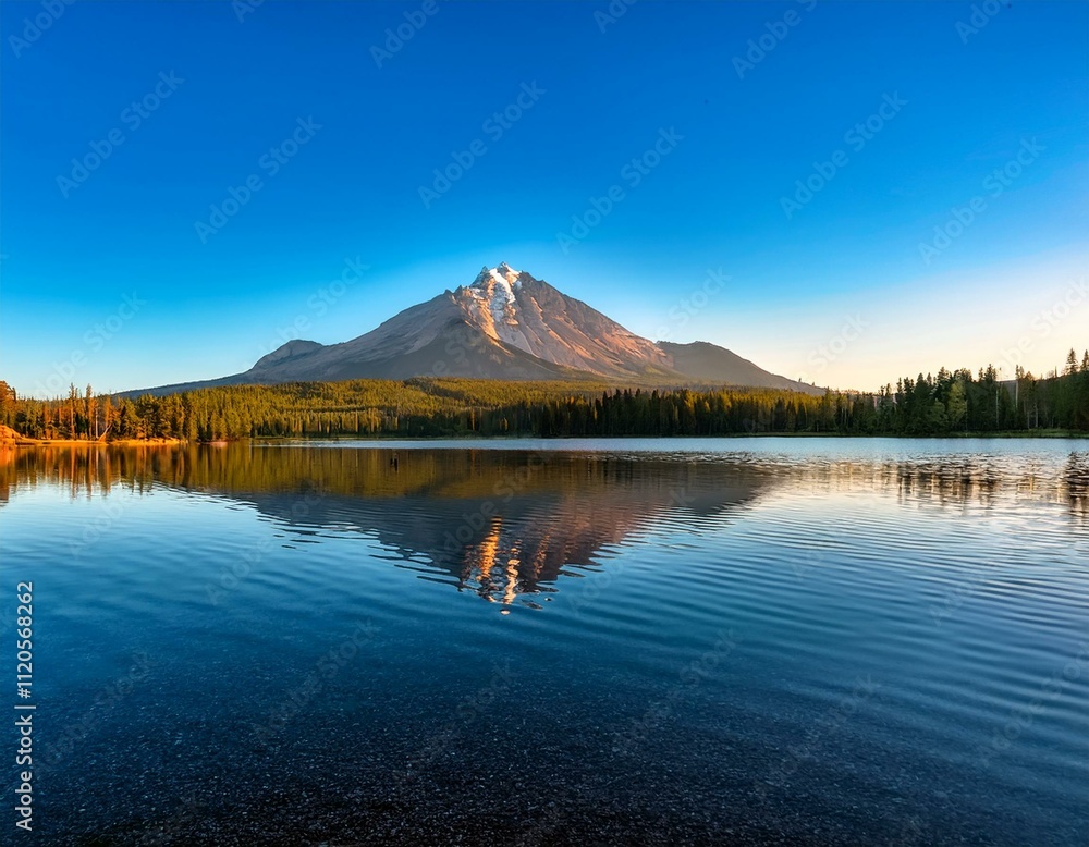 Volcanic mountain in morning light reflected in calm waters of lake. Volcanic mountain in morning light reflected in calm waters of lake.