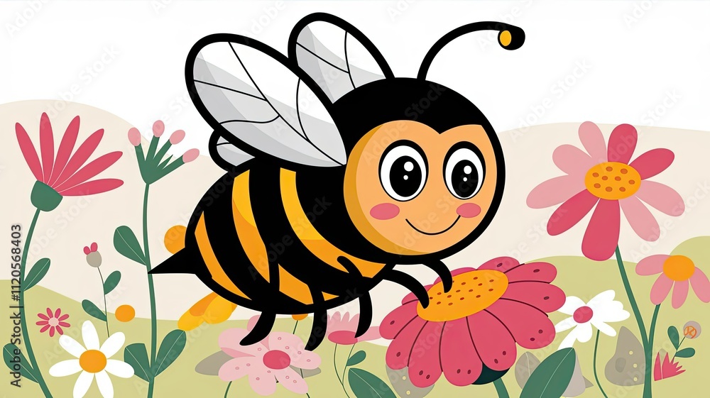 A cheerful cartoon bee is buzzing happily as it gathers nectar from bright flowers in a lively garden filled with various blooms under clear blue skies A cheerful cartoon bee is buzzing happily as it gathers nectar from bright flowers in a lively garden filled with various blooms under clear blue skies
