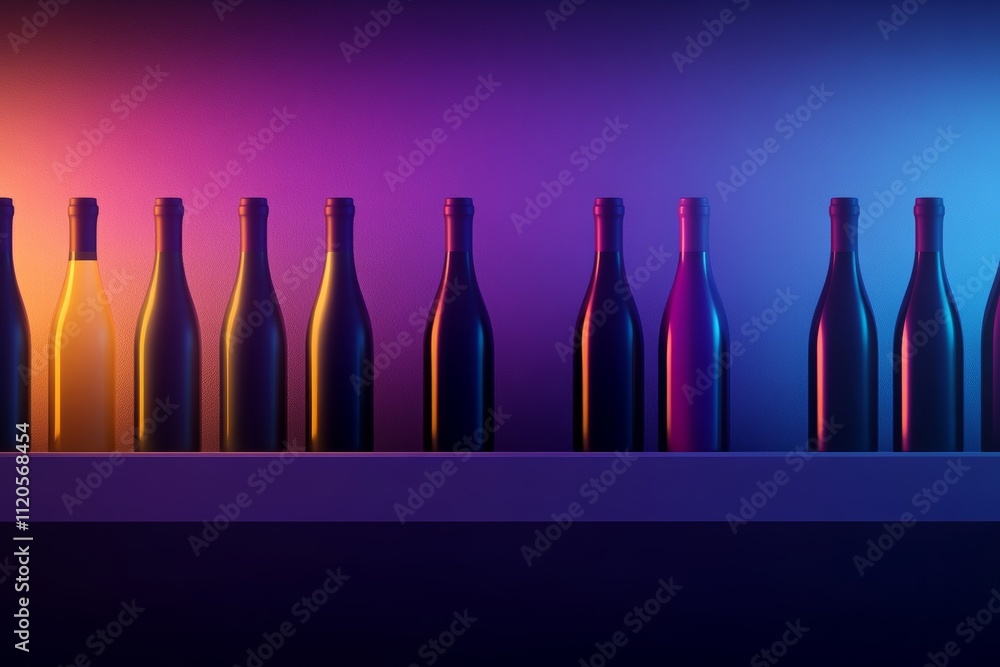 A row of wine bottles on a shelf, with some bottles being yellow A row of wine bottles on a shelf, with some bottles being yellow