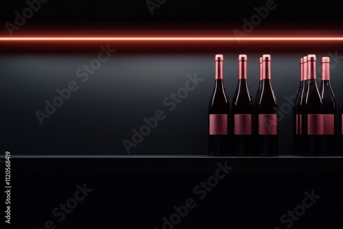 A row of wine bottles on a shelf with a red light behind them photo