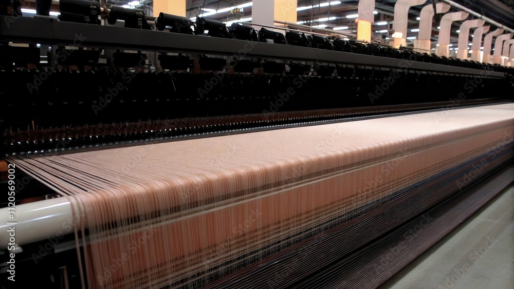 Rows of automated looms operating in harmony with threads moving swiftly through the air showcasing their ability to weave large rolls of fabric efficiently. Rows of automated looms operating in harmony with threads moving swiftly through the air showcasing their ability to weave large rolls of fabric efficiently.