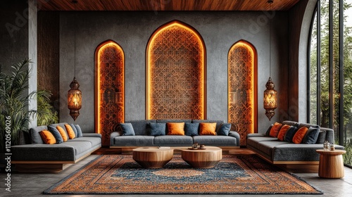 Luxurious modern living room with Moroccan design, featuring a large sectional sofa, intricate wall art, and warm lighting.