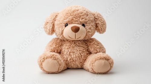 Small fluffy stuffed puppy, rich brown color, isolated on a white background, conveying a heartwarming, playful energy for pet-friendly toy ads