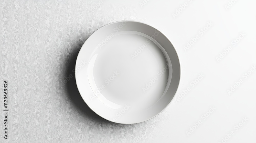 Clean ceramic round plate, flat top view, glossy surface, soft shadow for depth, isolated on white background Clean ceramic round plate, flat top view, glossy surface, soft shadow for depth, isolated on white background