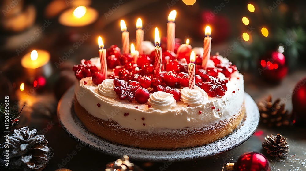 A delicious Christmas cake adorned with candles, ready for celebration. A delicious Christmas cake adorned with candles, ready for celebration.