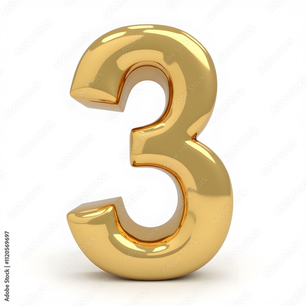 Golden Number Three - 3D Gold Number, Isolated on White Background, PNG Golden Number Three - 3D Gold Number, Isolated on White Background, PNG