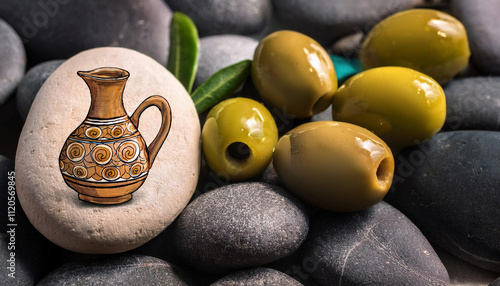 A decorative  ancient Greek-style amphora design on a smooth beach stone, surrounded by olives and other dark pebbles on the beach photo