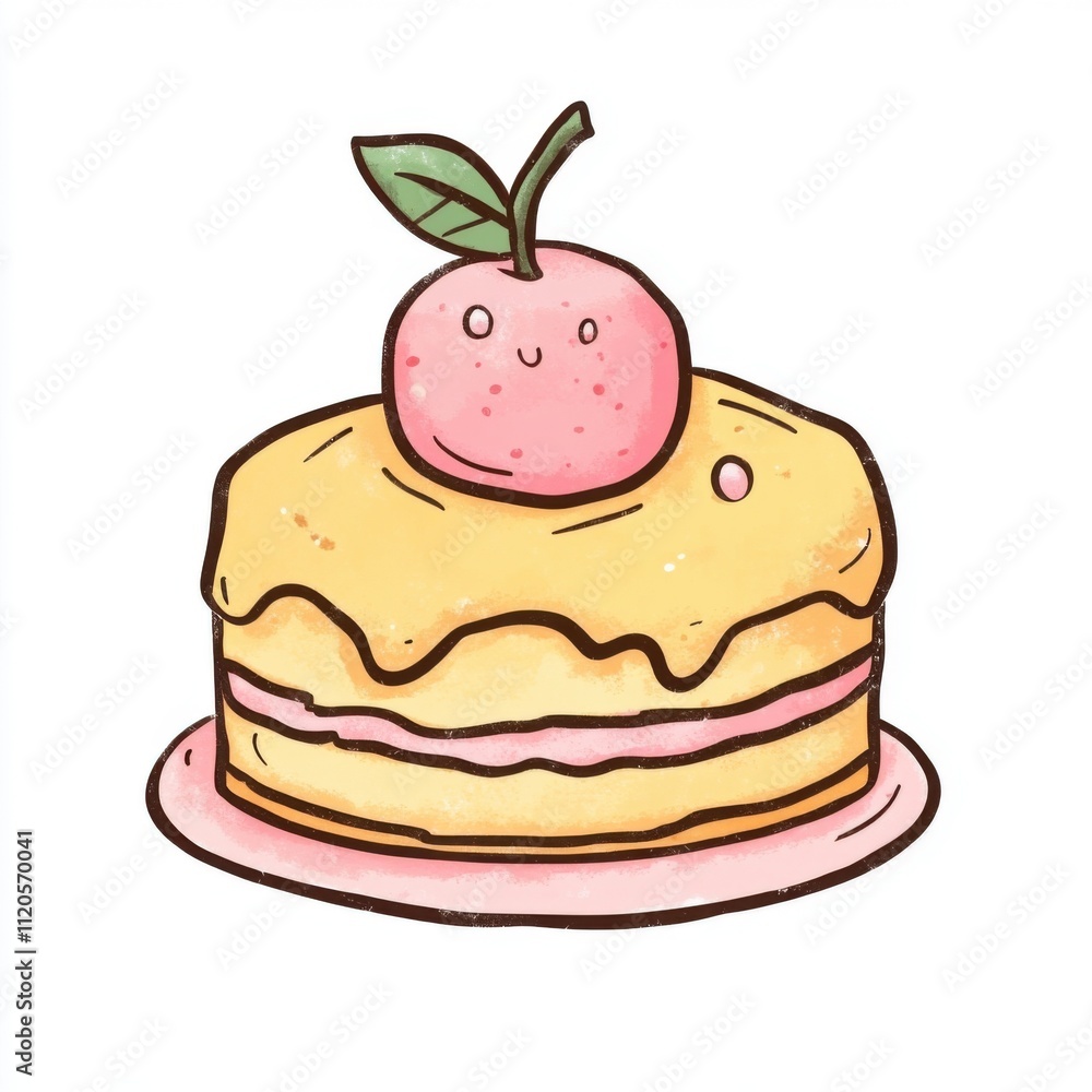 Cute hand-drawn dessert cake with cherry topping on a pastel plate in a whimsical style for children Cute hand-drawn dessert cake with cherry topping on a pastel plate in a whimsical style for children