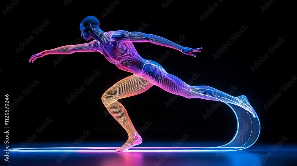 Abstract athlete in dynamic pose, glowing lines. Abstract athlete in dynamic pose, glowing lines.