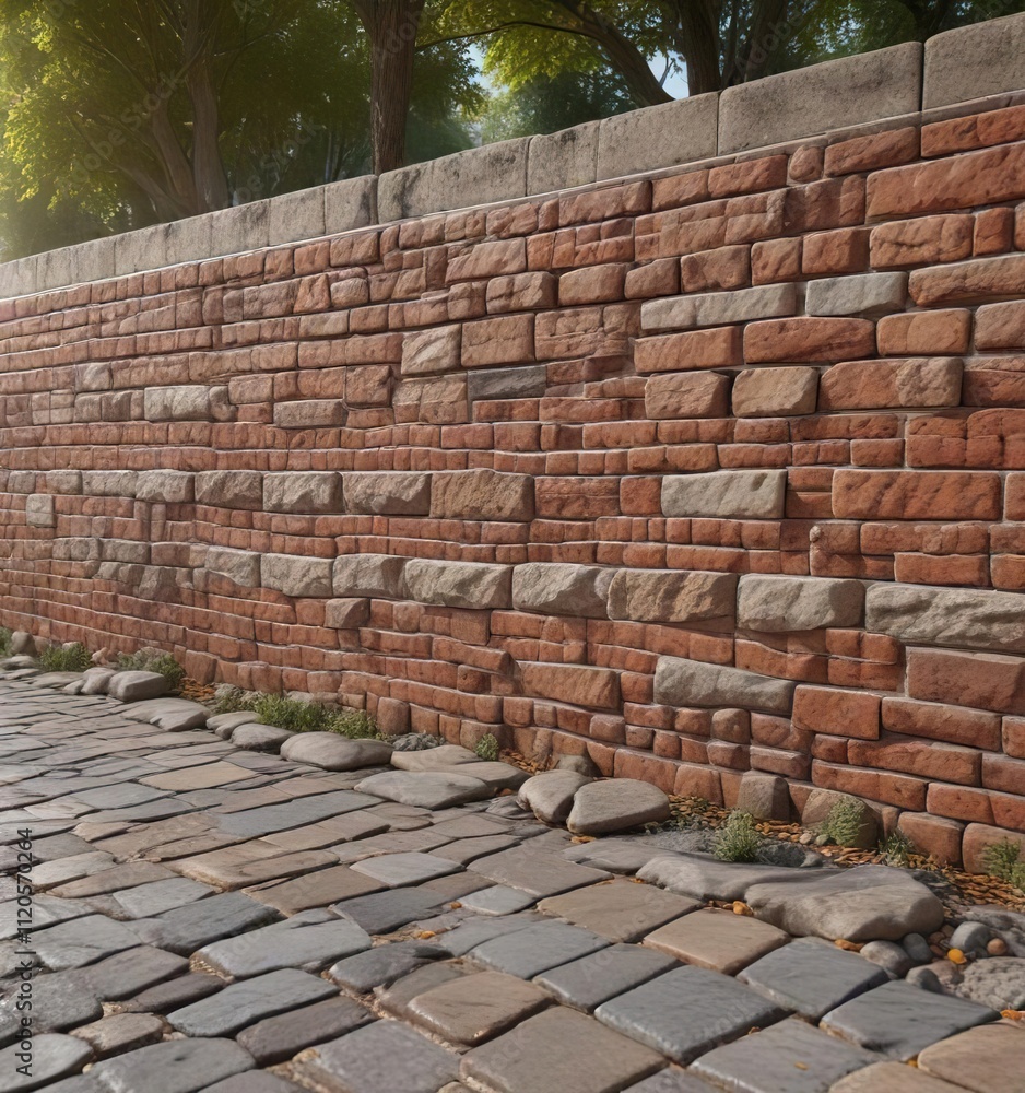 A brown brick wall with a natural stone pavement and surrounding trees, greenery surround , brown brick A brown brick wall with a natural stone pavement and surrounding trees, greenery surround , brown brick