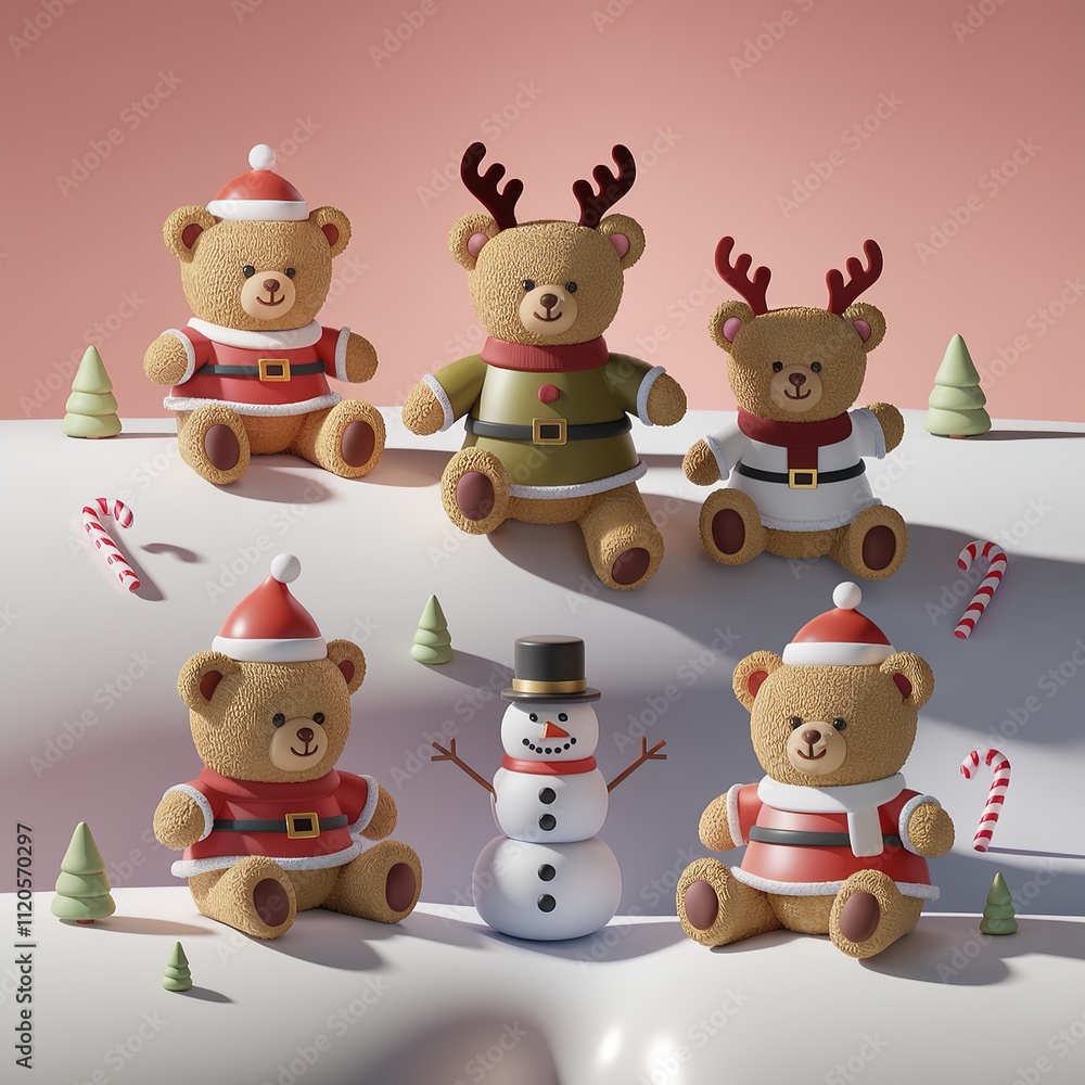 Obraz premium Adorable Christmas scene with five 3D teddy bears dressed as Santa and reindeer surrounding a smiling snowman on a festive winter background.