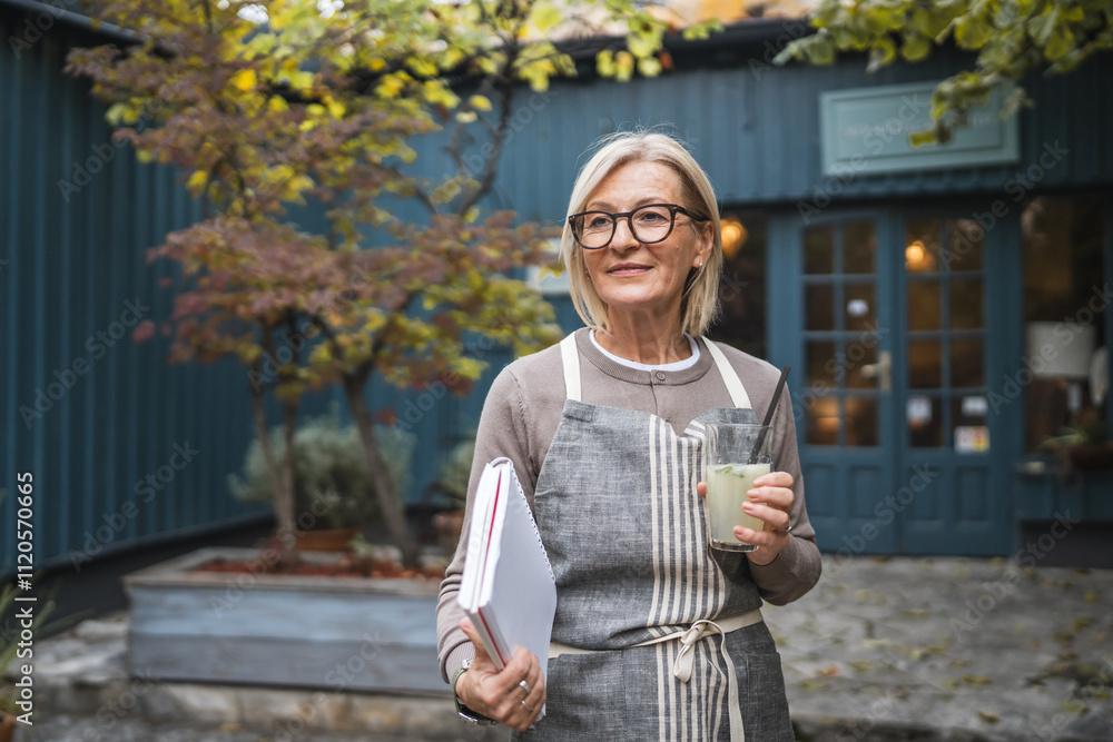 Fototapeta premium Portrait of woman waitress hold book and lemonade in front restaurant