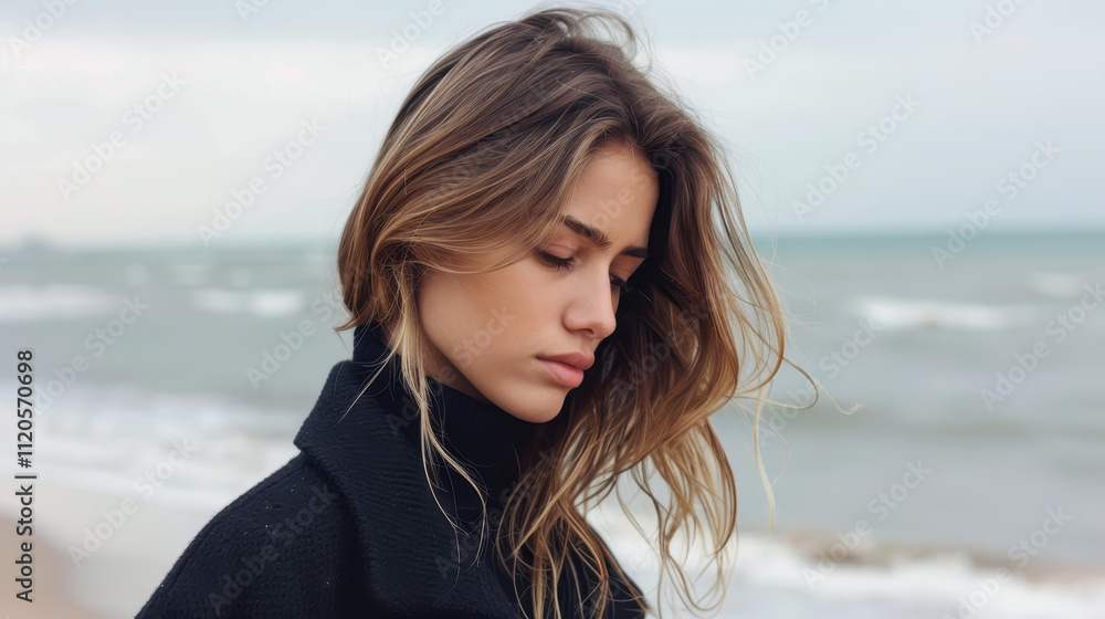 A contemplative woman strolls along the shore, her silhouette merging with the moody waves and darkened skies. A contemplative woman strolls along the shore, her silhouette merging with the moody waves and darkened skies.