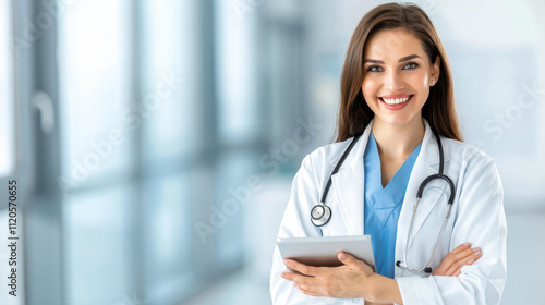 Smiling doctor holding a tablet and stethoscope, showcasing modern healthcare in a bright hospital setting.