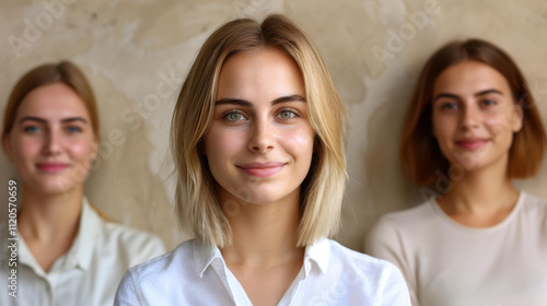 A cheerful customer service rep shines with her smile while colleagues collaborate in a vibrant office setup.