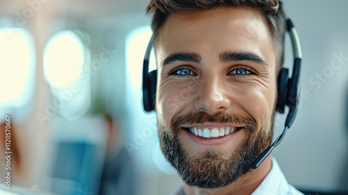 Enthusiastic support agent in a call center, ready to assist customers with a smile and a professional headset. photo