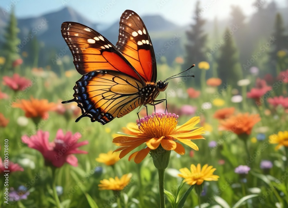 A butterfly sipping nectar from a bright colored flower in a warm sunny meadow, clouds, sky, colorful A butterfly sipping nectar from a bright colored flower in a warm sunny meadow, clouds, sky, colorful