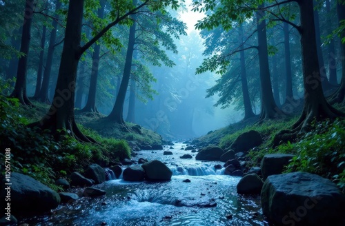 thaw, view of beautiful morning forest and stream