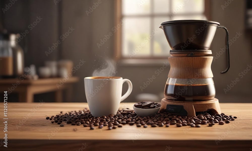 A coffee brewer sits on a wooden table with a filled coffee cup and a scattering of coffee beans around it , equipment, lighting, breakfast A coffee brewer sits on a wooden table with a filled coffee cup and a scattering of coffee beans around it , equipment, lighting, breakfast