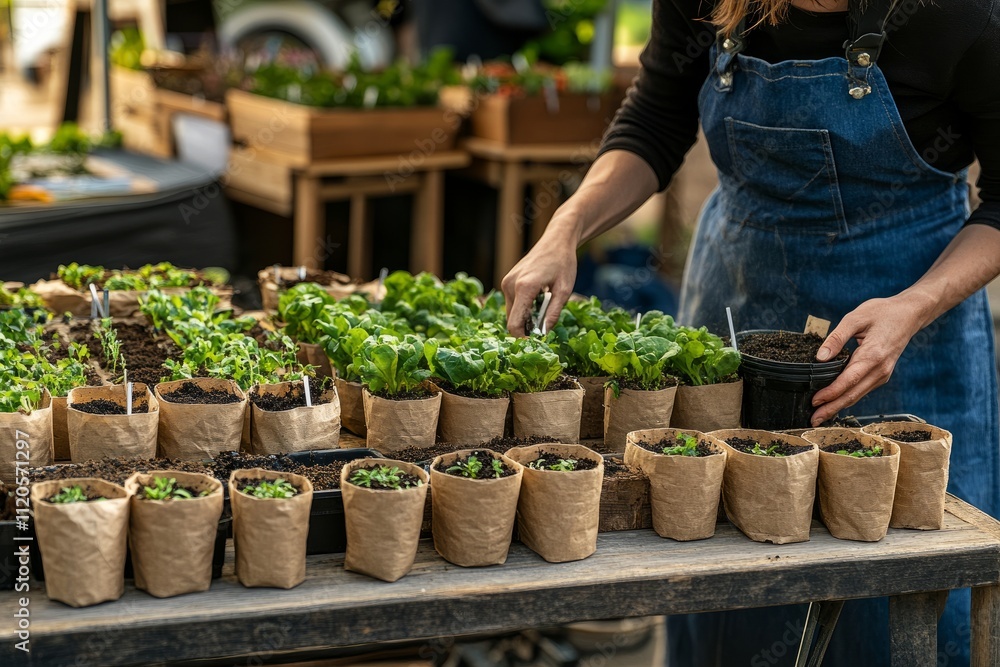 Woman tending young plants in biodegradable pots Woman tending young plants in biodegradable pots