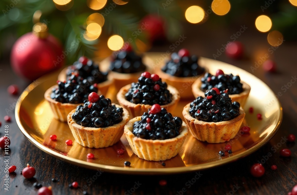 Christmas table black caviar laid out on small tartlets on a golden plate