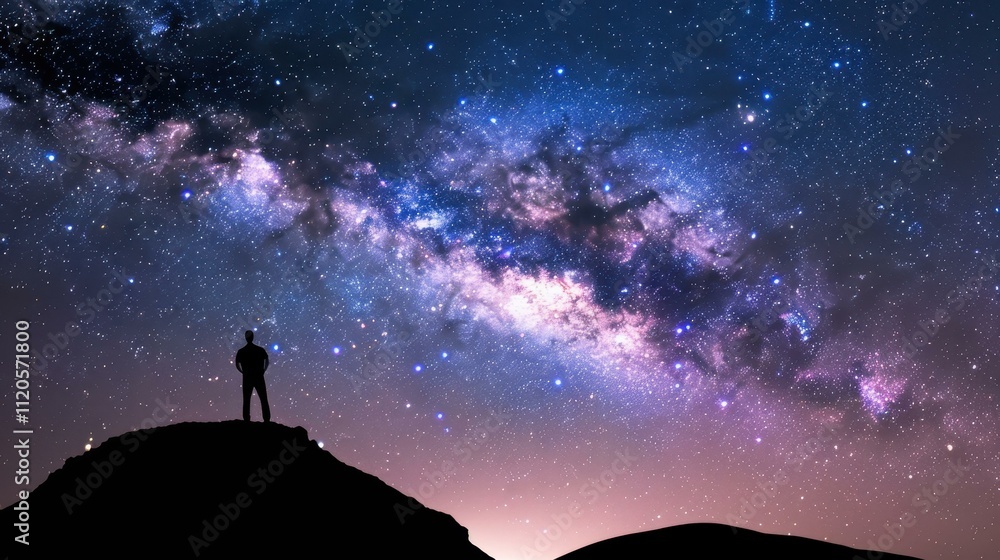 A lone figure gazes up at the vast Milky Way, surrounded by a sea of stars on a tranquil night. A lone figure gazes up at the vast Milky Way, surrounded by a sea of stars on a tranquil night.