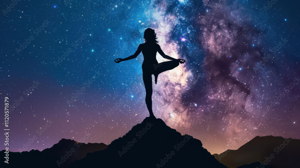A serene silhouette of a woman in yoga pose against the stunning backdrop of the Milky Way galaxy. A serene silhouette of a woman in yoga pose against the stunning backdrop of the Milky Way galaxy.