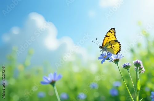 Beautiful blurred spring nature background with blooming meadow and blue sky on a sunny day. Butterfly and delicate blue flowers
