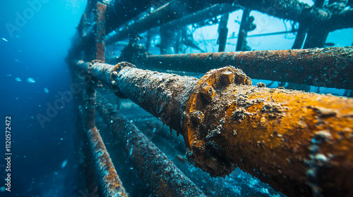 Rusty underwater pipeline structure with marine growth photo