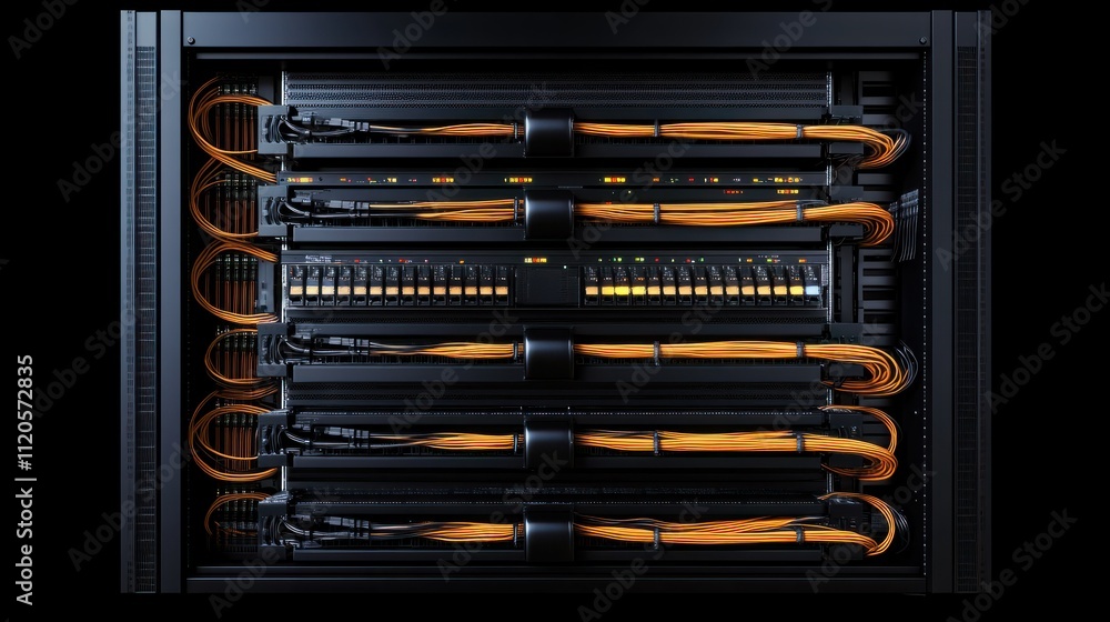 Obraz premium Server racks, electric cables and wires representing fiber optic internet equipment for a data center, technology and network background banner