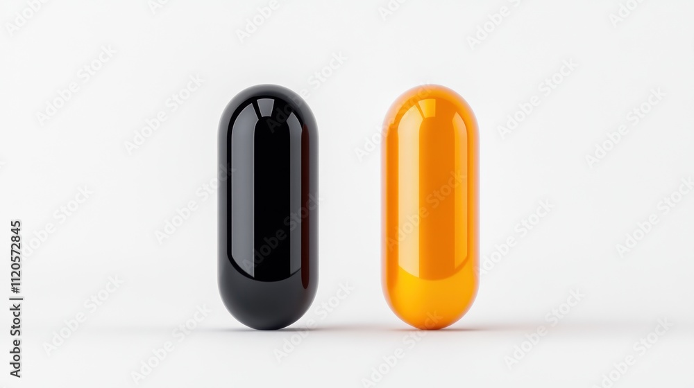 Two glossy capsules, one black and one orange, on a white background. Two glossy capsules, one black and one orange, on a white background.